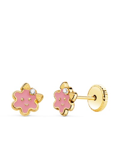 Pendientes flor rosa  18k con esmalte Pendientes flor rosa  18k con esmalte