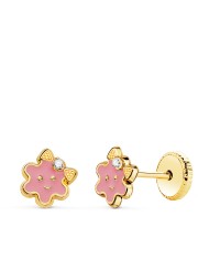 Pendientes flor rosa  18k con esmalte